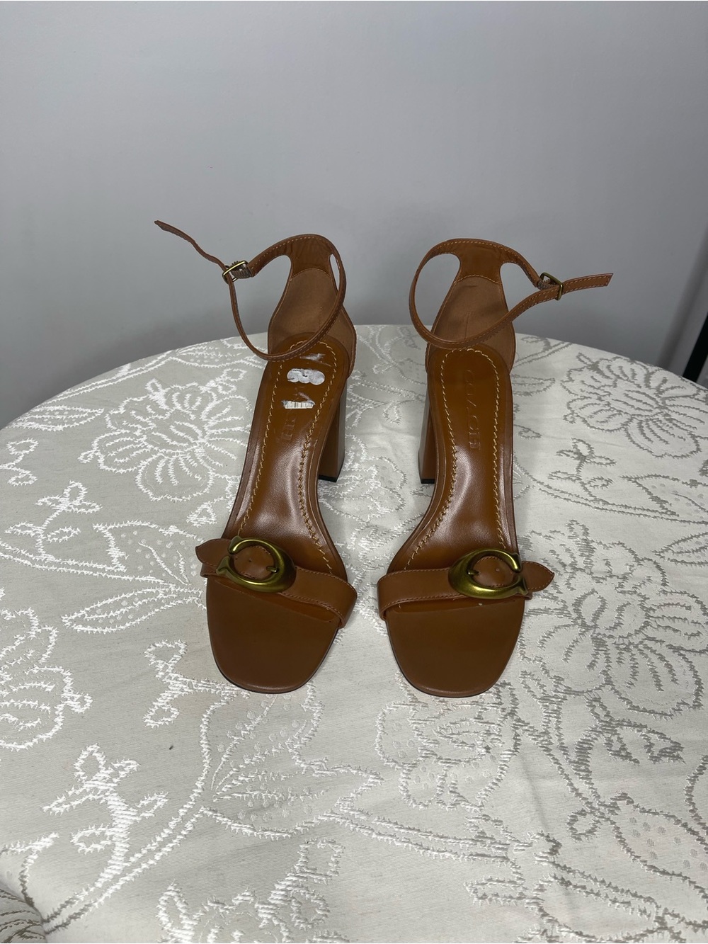 Coach Brown Leather Block Heel Sandals with Gold Buckle